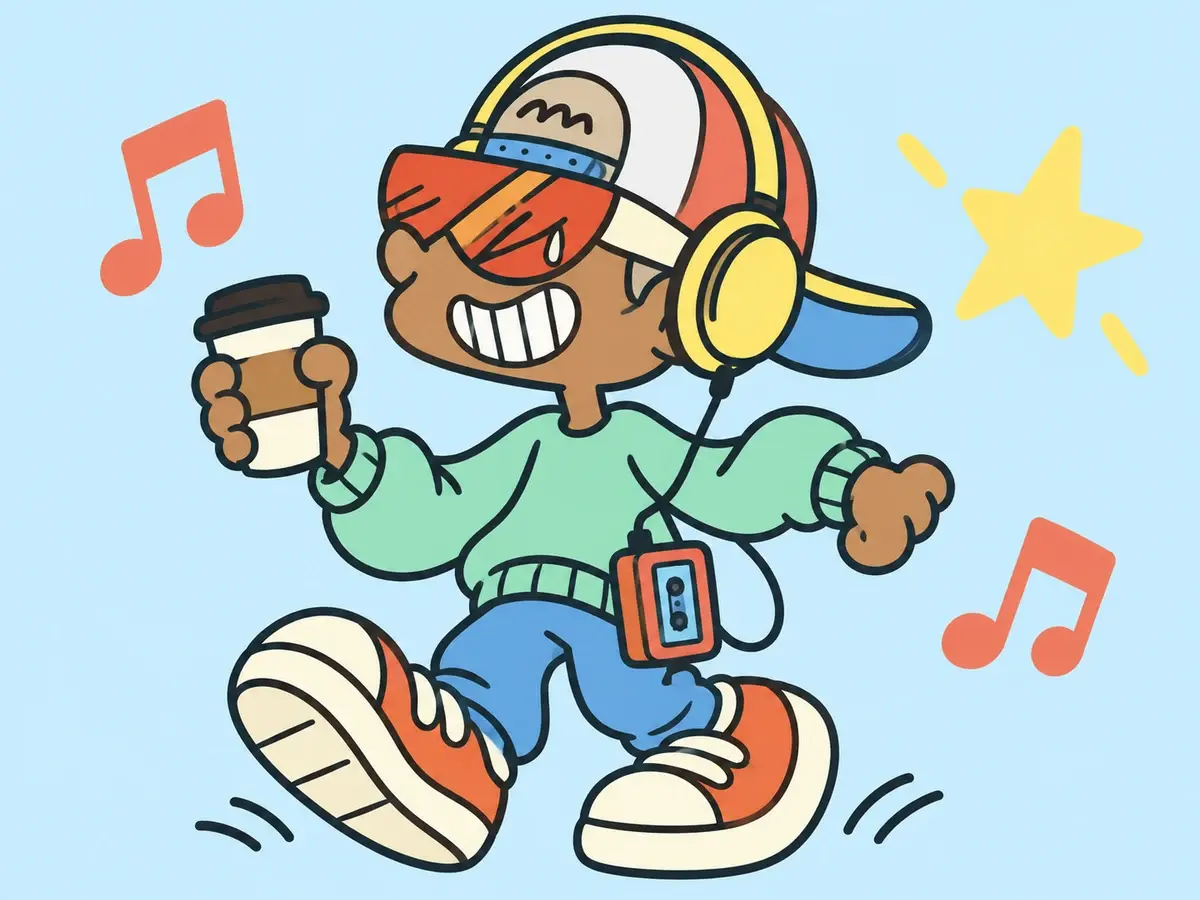 Cartoon music lover with yellow headphones, a cassette player, and coffee
