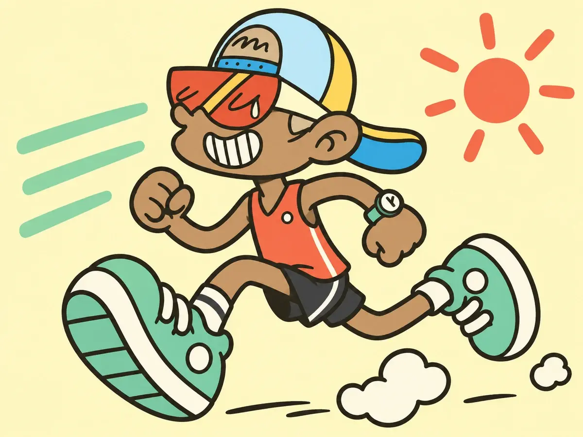 Grinning cartoon runner in a backwards cap and oversized green sneakers
