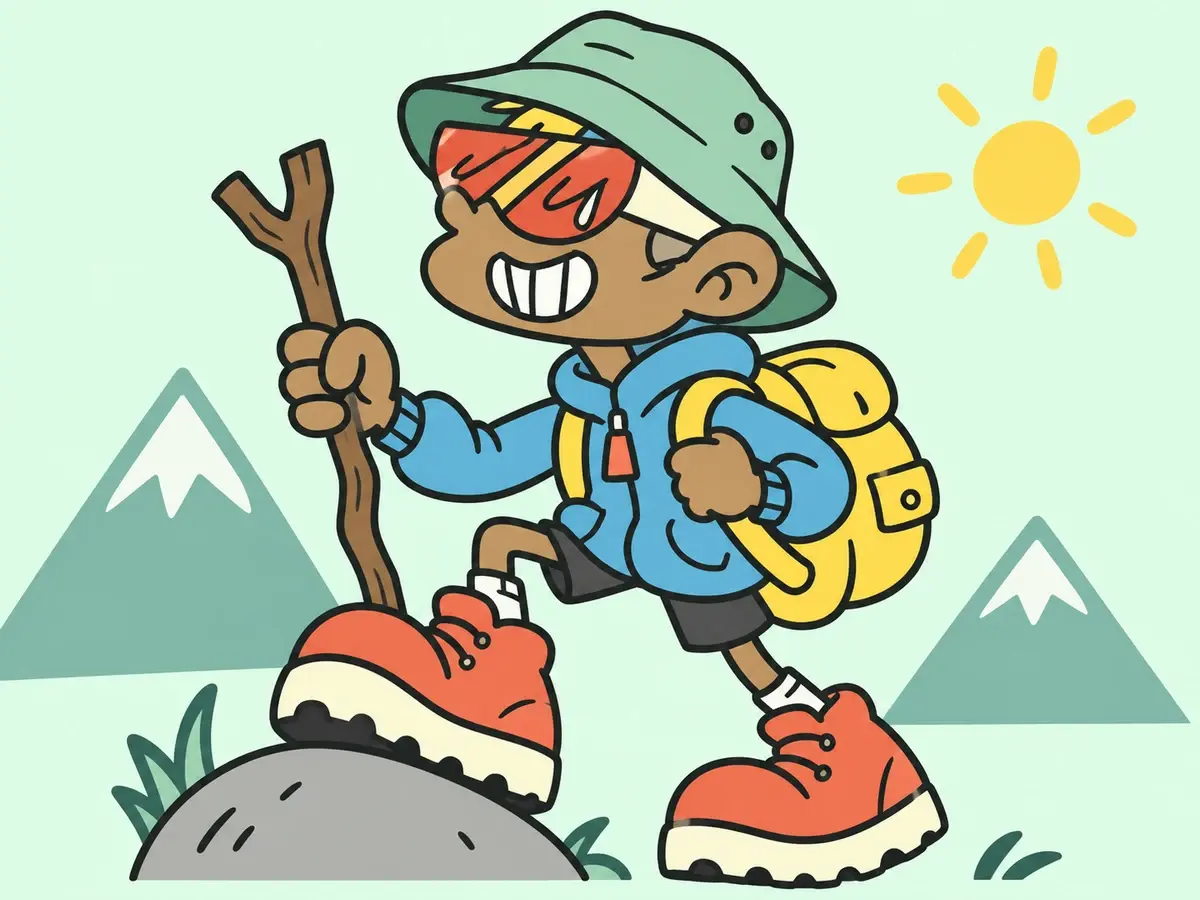 Cheerful cartoon hiker in a bucket hat with a yellow backpack